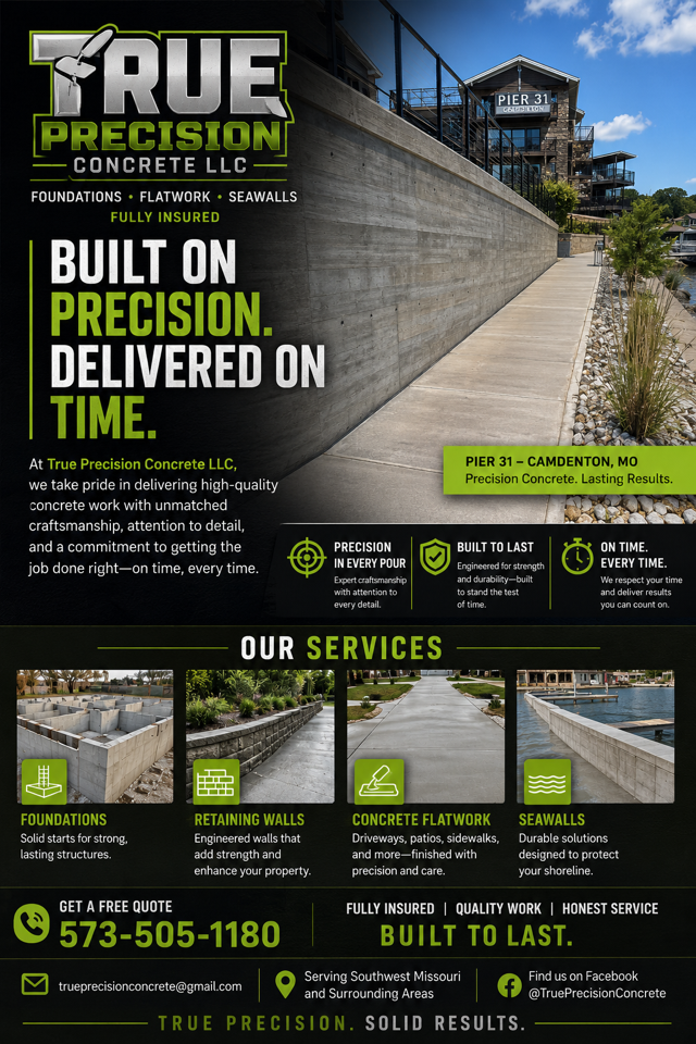True Precision Concrete one-page brochure: foundations, flatwork, retaining walls, and seawalls, with phone 573-555-1180 and Pier 31 featured project.